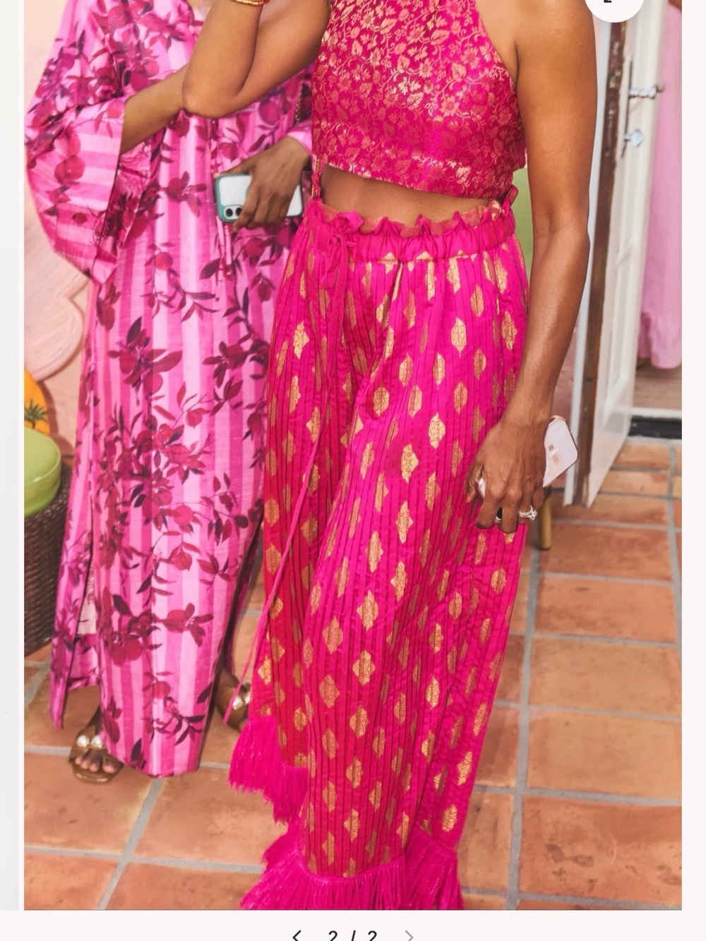 Vibrant Hot Pink Maxi Skirt with Gold Motif